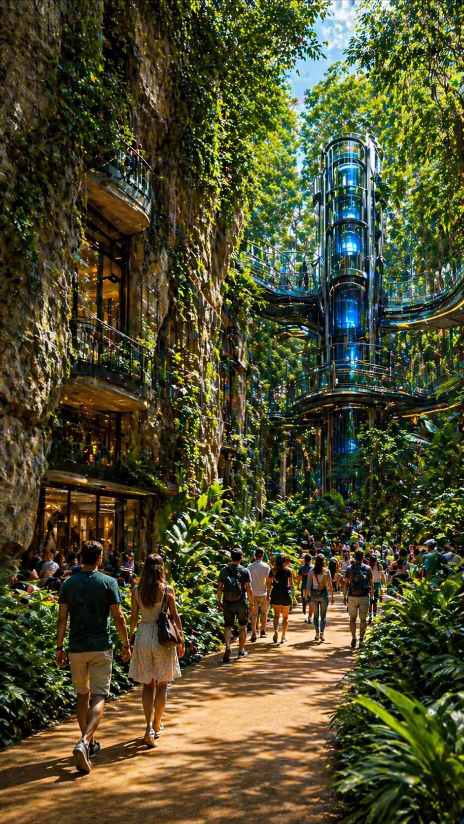 A lush rock facade pathway in full color