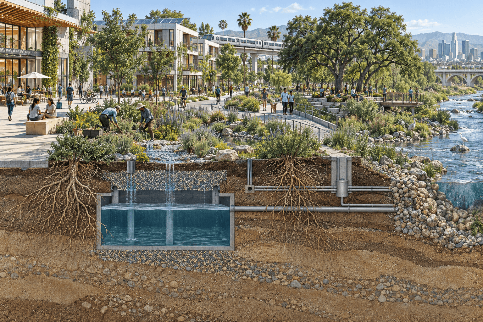Concept illustration of a Los Angeles river neighborhood, with oak canopy, solar roofs, transit, gardeners, and a cutaway revealing roots and underground water storage.