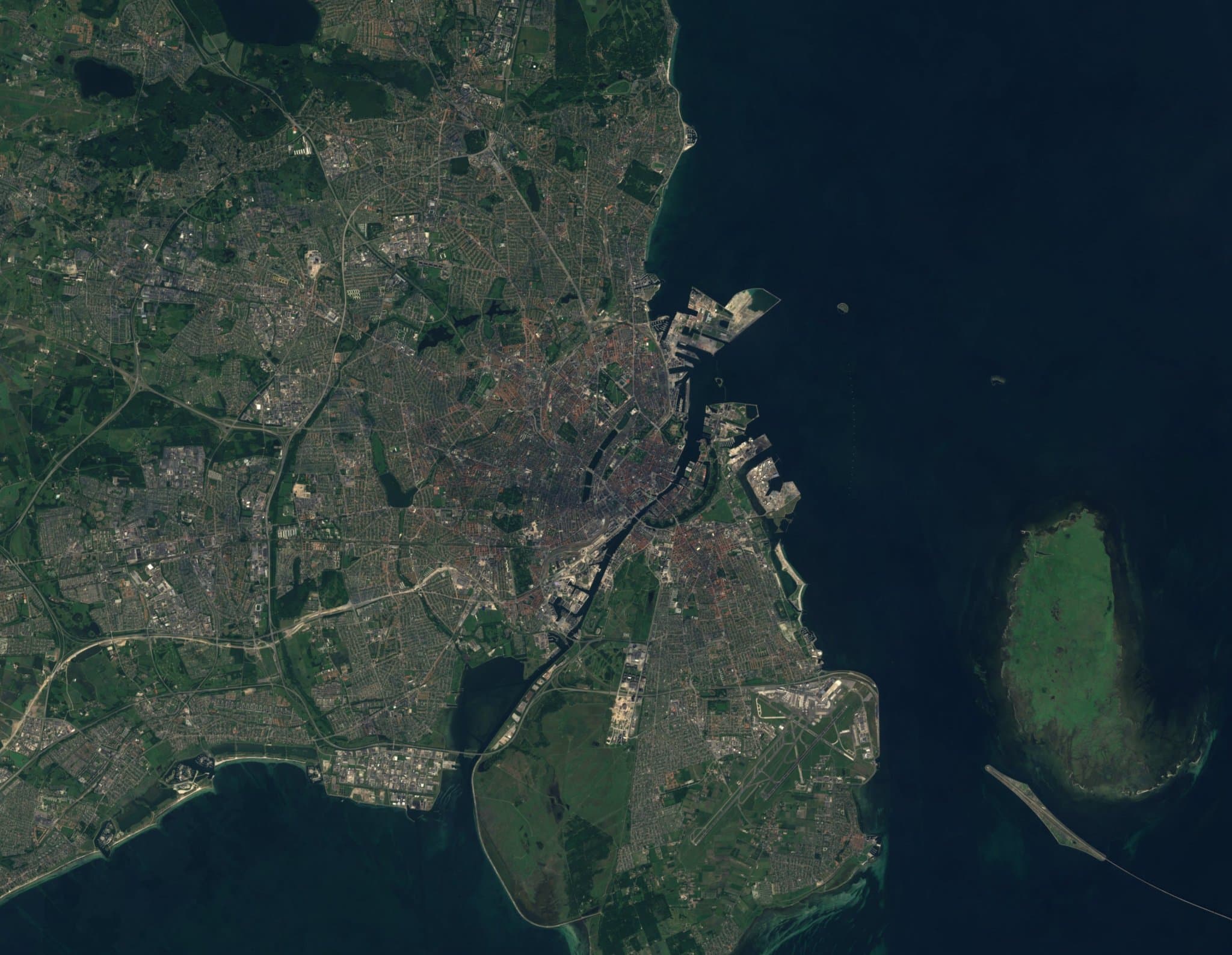 Top-down satellite view of Copenhagen